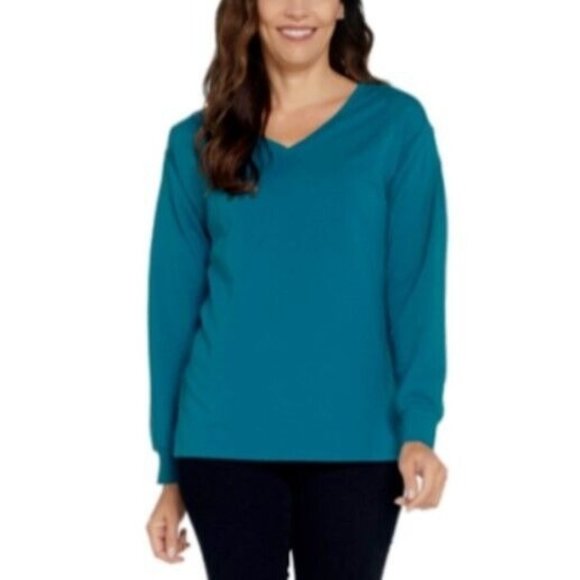 H by Halston French Terry Sweatshirt XS Skyline Teal Long Sleeve V Neck Tunic - Picture 1 of 13